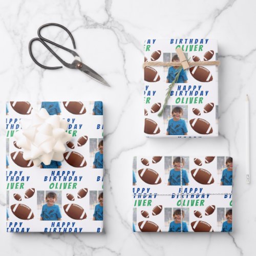 American Football Ball Sports Kids Birthday Photo Wrapping Paper Sheets - American Football Ball Sports Kids Birthday Photo Wrapping Paper Sheets. Football-themed birthday wrapping paper with name, photo and football balls. Great for kids who love football and sports.