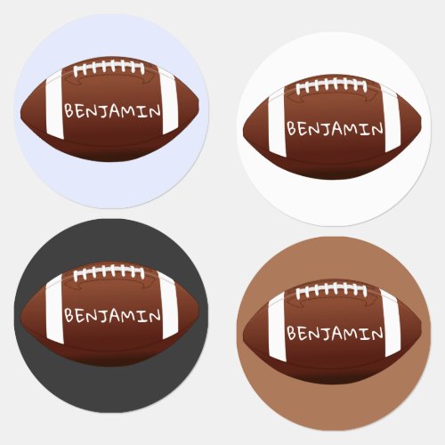 American Football Ball Sports Name  Kids' Labels - Modern Sports American Football Ball Kids' Labels with Name. Colorful kids labels with a name - a great way to personalize children`s toys, shoes, backpacks, clothes and everything else that leave the house. This simple and cute design features a football ball on background in different colors - blue, black, white and brown. Great for toddlers, pre-school, school children and everyone who loves basketball and sports.