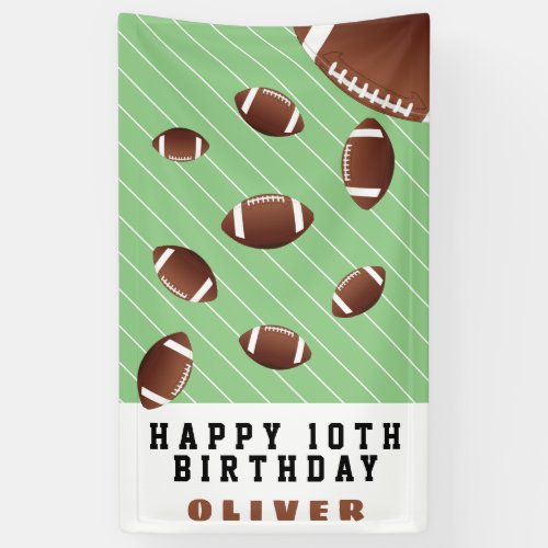 American Football Balls Fun Kids Birthday Party Banner - American Football Balls Fun Kids Birthday Party Banner. Fun and modern party banner with footballl balls in different sizes and green background with stripes. Personalize the banner with your name and make a great birthday party banner for a football fan.