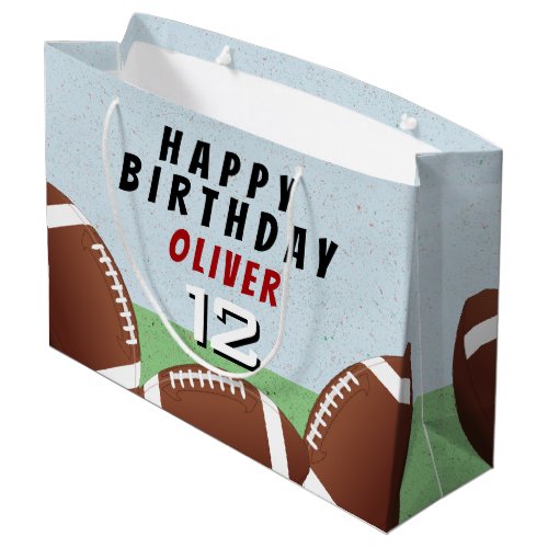 American Football Balls Kids Happy Birthday Large Gift Bag - American Football Balls Kids Happy Birthday Gift Bag. Football themed birthday gift bag with child`s name, age and football balls. Add your name and age. Great for kids who love football and sports.