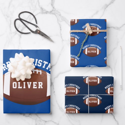 American Football Balls Name Blue Christmas Wrapping Paper Sheets