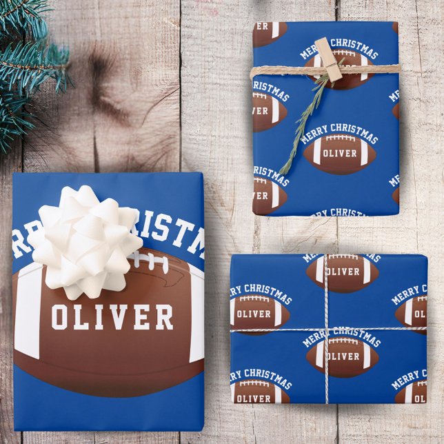 American Football Balls Name Blue Christmas Wrapping Paper Sheets (Creator Uploaded)