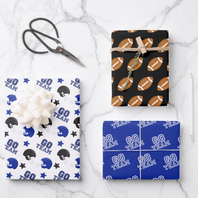 American Football Blue and Black Patterns Wrapping Paper Sheets (Front)