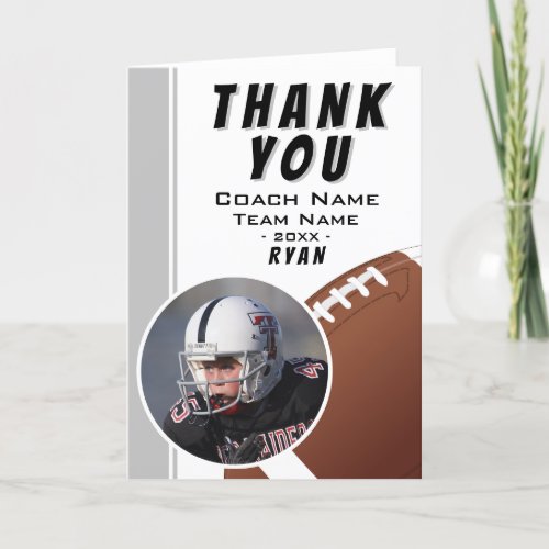 American Football Coach Football Ball Grey Photo Thank You Card - Grey American Football Coach Football Ball Photo Thank You Card. Thank you football coach card with a photo in oval frame, coach name, team name, year, player`s name. Bright grey stripes. Great thank you card for the football team coach!