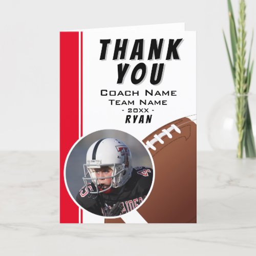 American Football Coach Football Ball Red Photo Thank You Card - Red American Football Coach Football Ball Photo Thank You Card. Thank you football coach card with a photo in oval frame, coach name, team name, year, player`s name. Red stripe. Great thank you card for the football team coach!