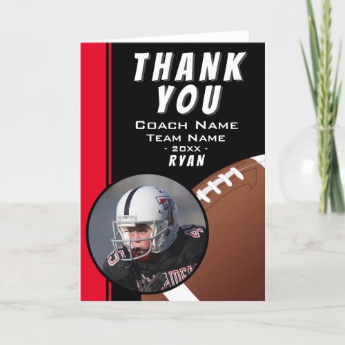 American Football Coach Football Ball Red Photo Thank You Card - Black and Red American Football Coach Football Ball Photo Thank You Card. Thank you football coach card with a photo in oval frame, coach name, team name, year, player`s name. Red stripes on a black background. Great thank you card for the football team coach!