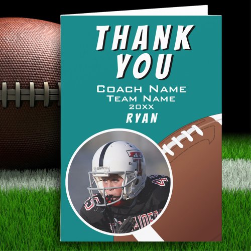American Football Coach Football Ball Teal Photo Thank You Card