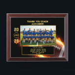 American Football Coach Thank You with Team Photo Award Plaque<br><div class="desc">Celebrate your American Football coach’s dedication with this bold, customizable plaque featuring a fiery football design and framed team photo. Personalize the coach’s name, team name, logo, player list, and year to create a meaningful end-of-season tribute. Perfect for school teams, youth leagues, and senior night recognition — this plaque turns...</div>