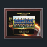 American Football Coach Thank You with Team Photo Award Plaque<br><div class="desc">Celebrate your American Football coach’s dedication with this bold, customizable plaque featuring a fiery football design and framed team photo. Personalize the coach’s name, team name, logo, player list, and year to create a meaningful end-of-season tribute. Perfect for school teams, youth leagues, and senior night recognition — this plaque turns...</div>