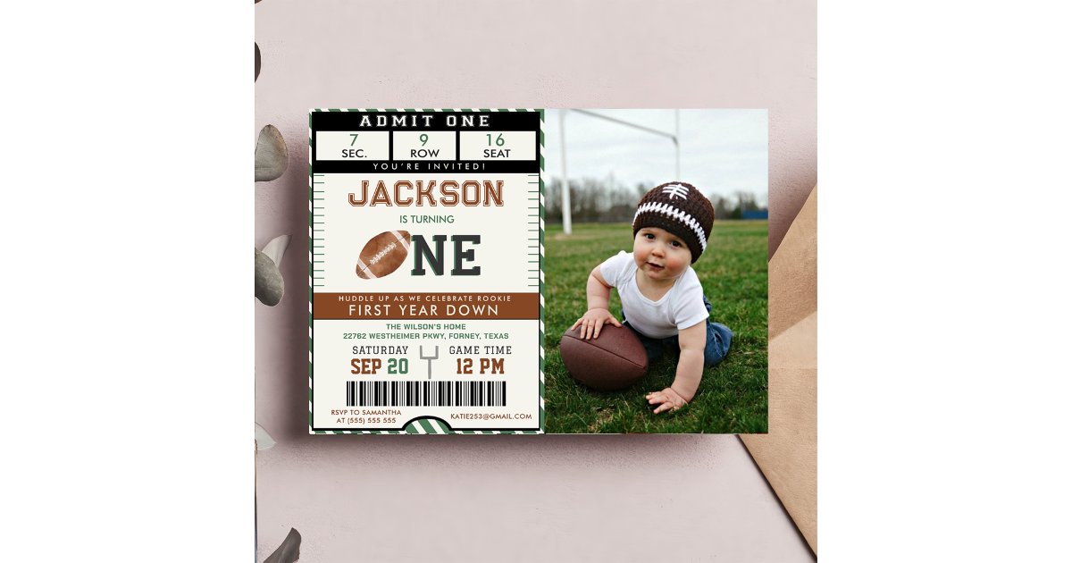 American Football First Year Down Birthday Photo Invitation
