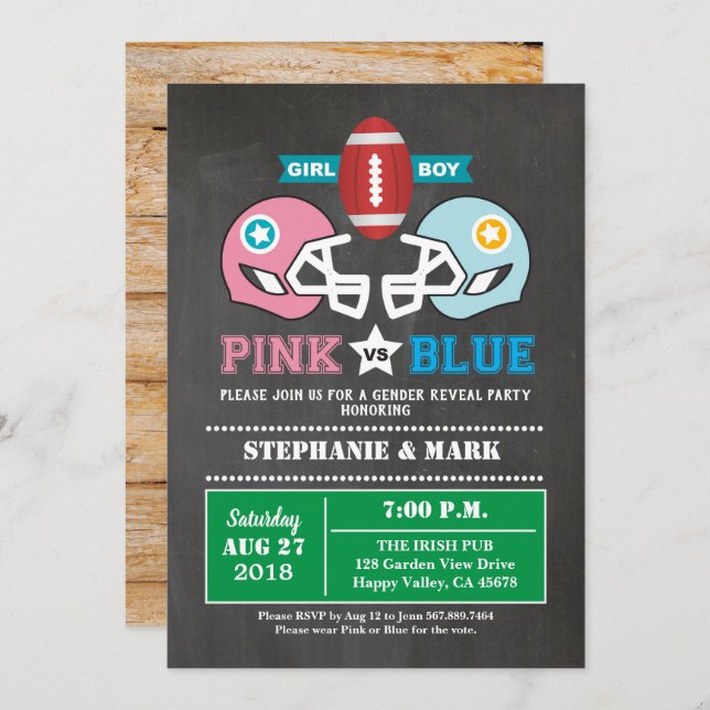 American football gender reveal party chalkboard invitation (Front/Back)