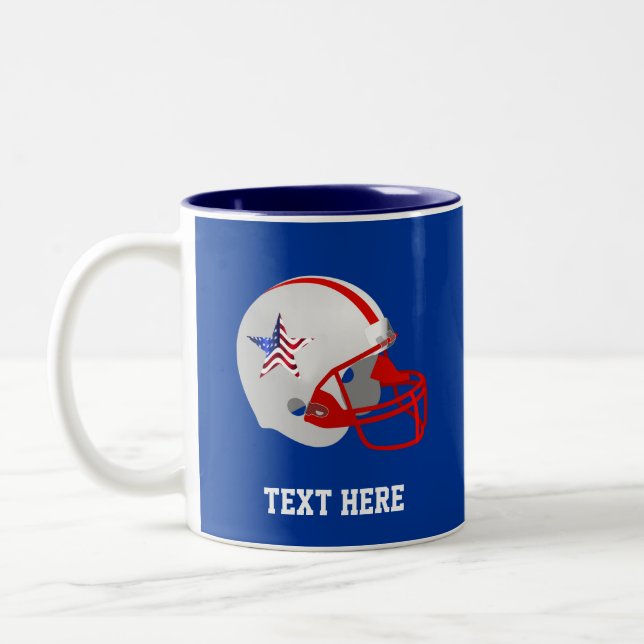 American Football Helmet on Blue Two-Tone Coffee Mug (Left)