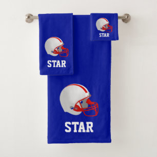 American Football Helmet & Text on Blue Bath Towel Set