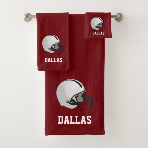 American Football Helmet  Text on Maroon Bath Towel Set