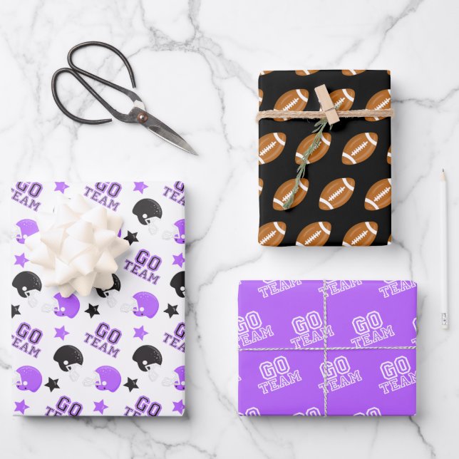 American Football Purple and Black Patterns Wrapping Paper Sheets (Front)