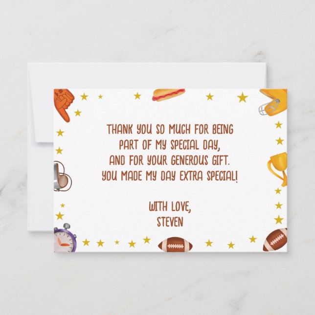 American football sport ball kids birthday thank you card (Front)