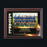 American Football Team Sponsor Appreciation Custom Award Plaque<br><div class="desc">Celebrate your football team's success and honor your sponsors with this bold, flame-accented design. The word "FOOTBALL" appears prominently along the left edge, adding clarity and focus to the theme. The layout includes a fully customizable team photo area and a message box where you can personalize the sponsor’s name and...</div>