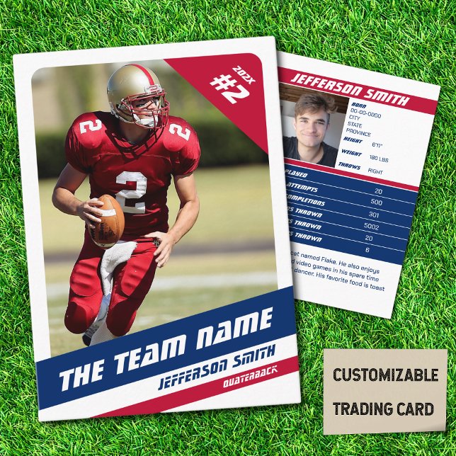 American Football Team Trading Card Red White Blue (American Football Player Trading Card in White with Custom Team Name with Blue Red Stripes
)