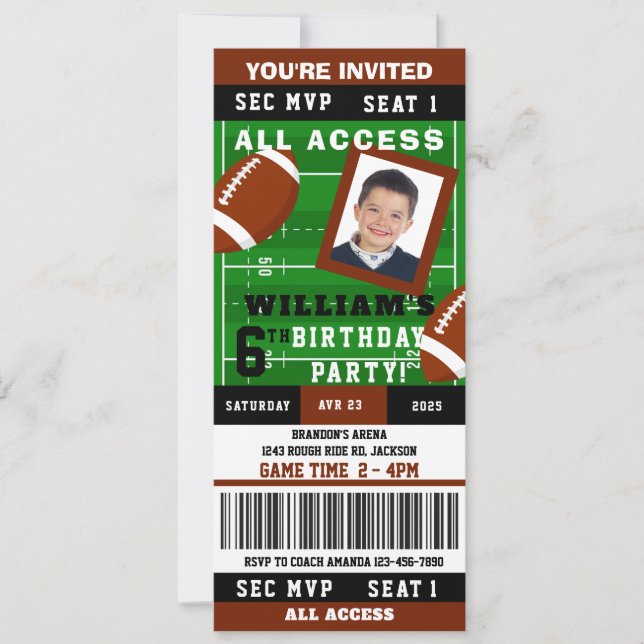 American Football Ticket Photo Birthday Invitation (Front)