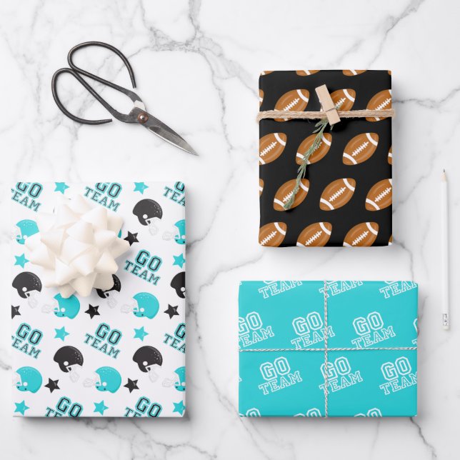 American Football Turquoise and Black Patterns Wrapping Paper Sheets (Front)