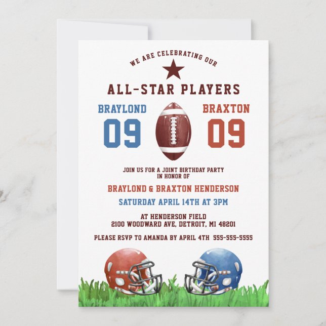 American Football Twins or Joint Birthday Invitation (Front)