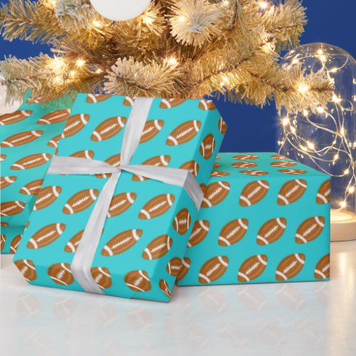 American Footballs on Turquoise Blue Wrapping Paper