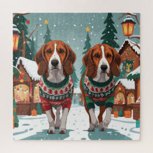 American Foxhound Dogs Christmas Snow Holiday Jigsaw Puzzle