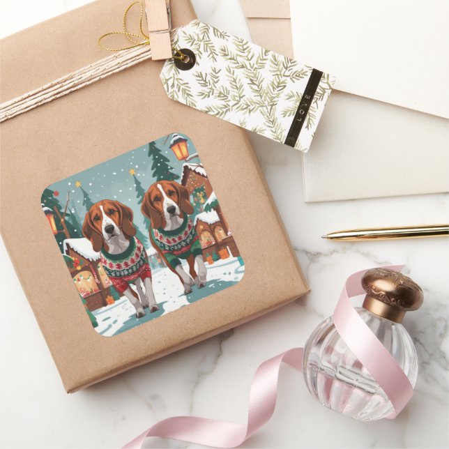 American Foxhound Dogs Christmas Snow Holiday Square Sticker (Gifting)