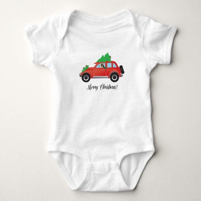 American Foxhound Driving Car with Christmas Tree Baby Bodysuit (Front)
