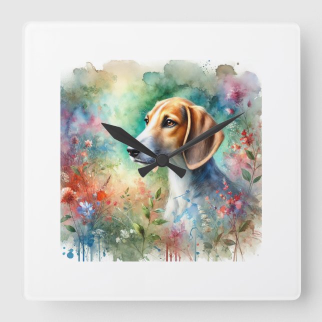 American Foxhound in Watercolor 200624AREF103 - Wa Square Wall Clock (Front)