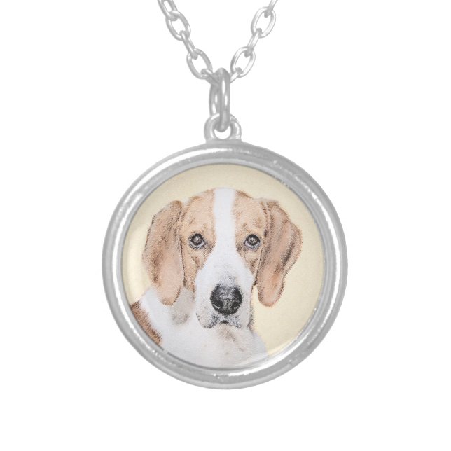 American Foxhound Painting - Cute Original Dog Art Silver Plated Necklace (Front)