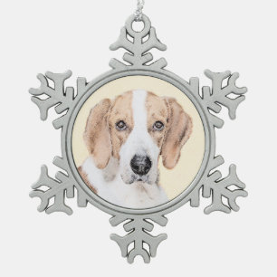 American Foxhound Painting - Cute Original Dog Art Snowflake Pewter Christmas Ornament