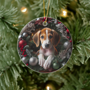 American Foxhound Puppy Sitting Christmas Wreath Ceramic Ornament