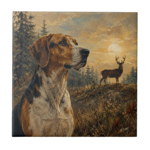 American Foxhound with Whitetail Deer Ceramic Tile