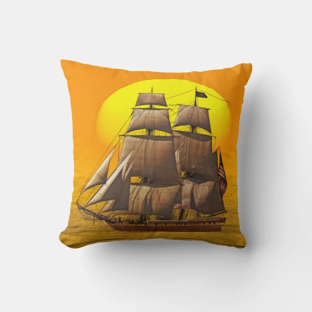 American Frigate Sails at Sunset Throw Pillow (Front)