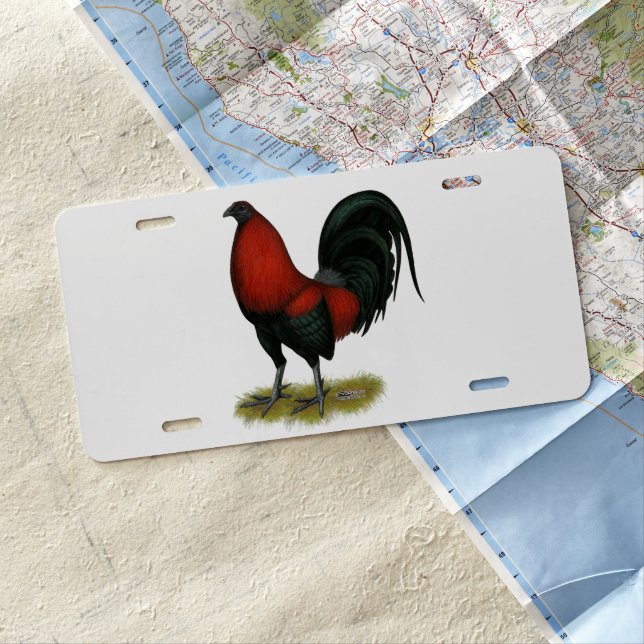 American Game BB Black Red Rooster License Plate (In Situ)