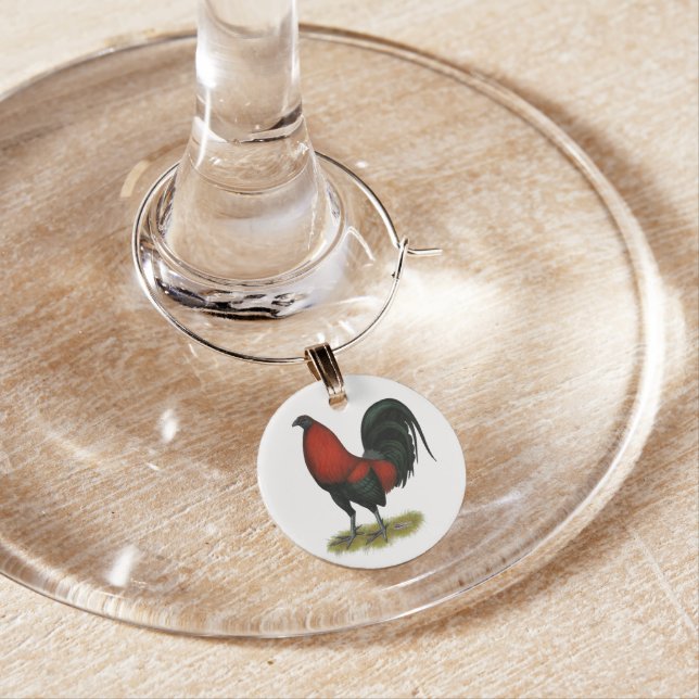 American Game BB Black Red Rooster Wine Glass Charm (In Situ)