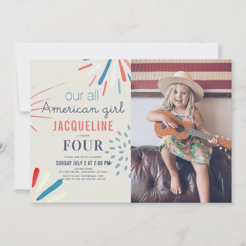 American Girl 4th of July Fireworks Birthday Photo Invitation