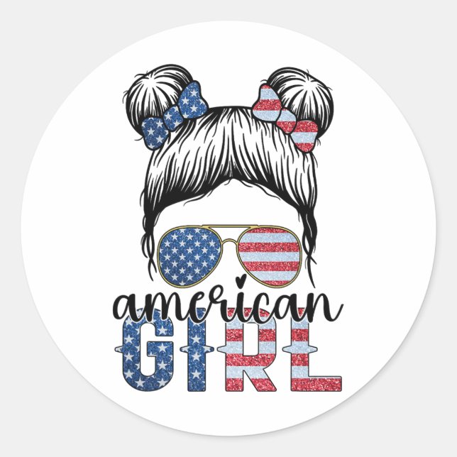 American Girl 4th Of July Messy Bun Usa Flag Ameri Classic Round Sticker (Front)