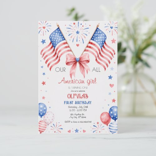 American Girl First Birthday 4th July Party Invitation