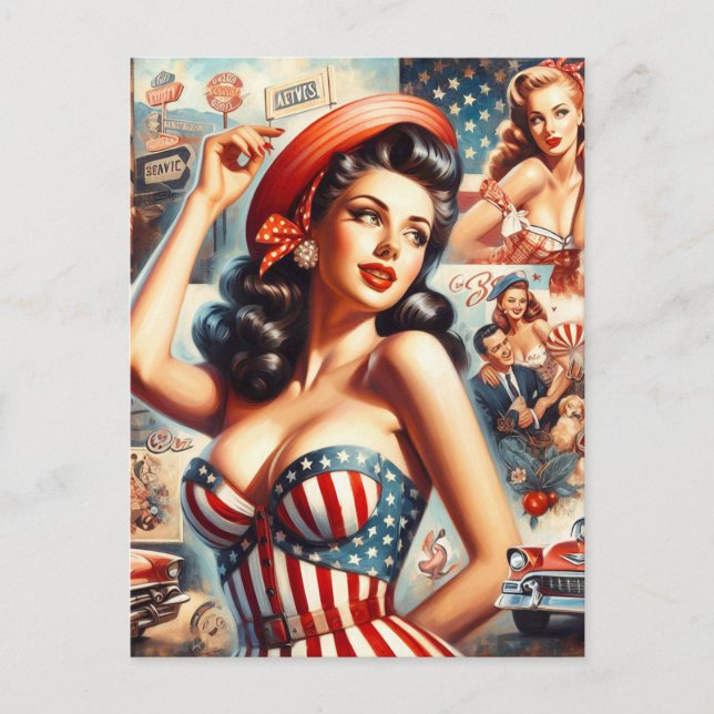 American Girl Pin-Up Collage Postcard (Front)