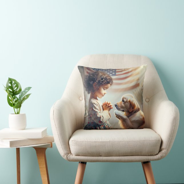 American Girl With Dog Praying Throw Pillow (Chair)