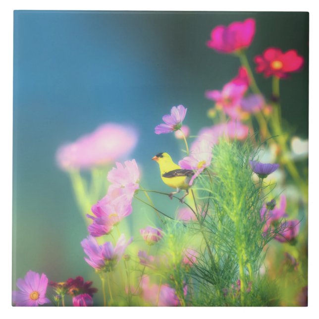 American Goldfinch and Coreopsis  Ceramic Tile (Front)