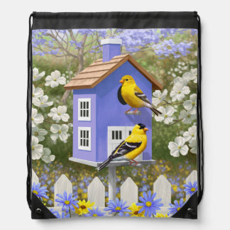 American Goldfinch Bird House Flower Garden Drawstring Bag