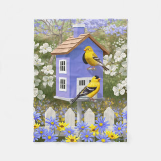 American Goldfinch Bird House Flower Garden Fleece Blanket
