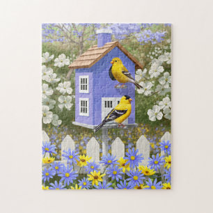 American Goldfinch Bird House Flower Garden Jigsaw Puzzle