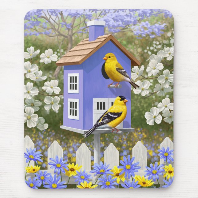 American Goldfinch Bird House Flower Garden Mouse Pad (Front)
