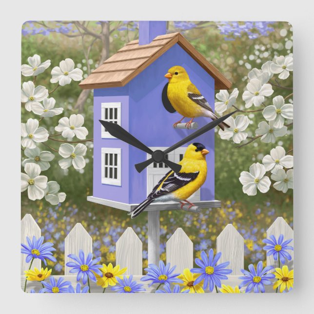American Goldfinch Bird House Flower Garden Square Wall Clock (Front)