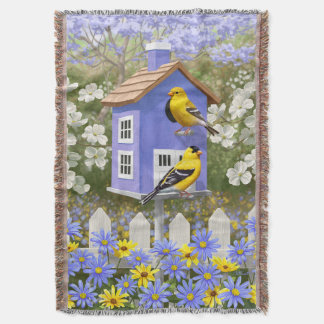 American Goldfinch Bird House Flower Garden Throw Blanket