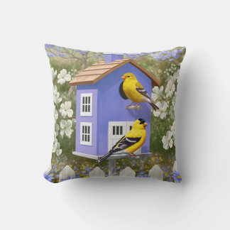 American Goldfinch Bird House Flower Garden Throw Pillow